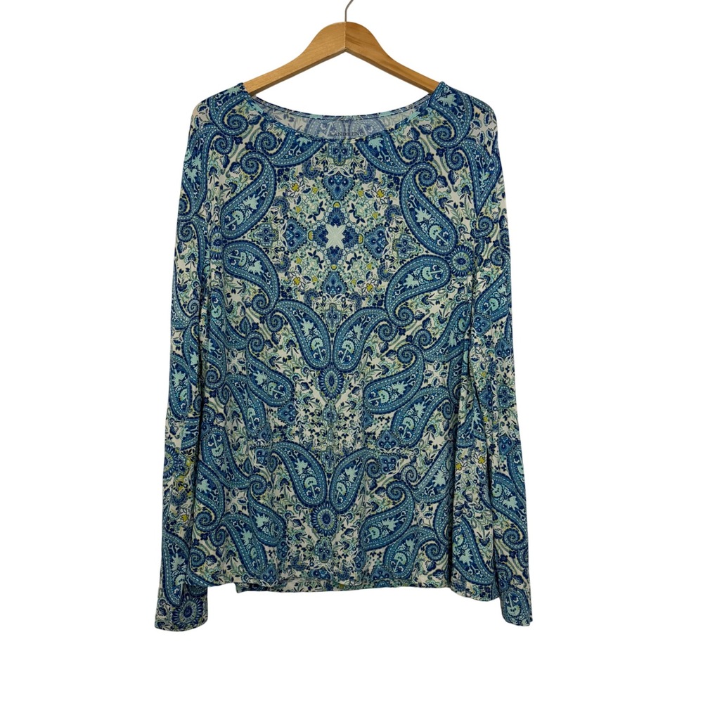Lands End Womens 1X Blue Paisley Long Sleeve‎ Crew Neck Stretch Top 16W-18W